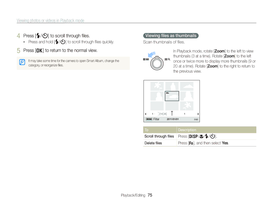 Samsung EC-WB690ZBPBRU manual Press o to return to the normal view, Viewing ﬁles as thumbnails, Scan thumbnails of ﬁles 