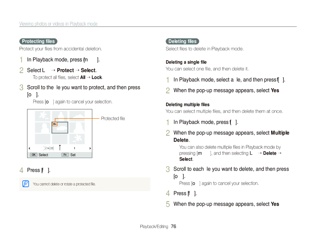 Samsung EC-WB690ZBPBE2, EC-WB690ZBPBE1, EC-WB690ZBPBRU manual Playback mode, press m Select L “ Protect “ Select 