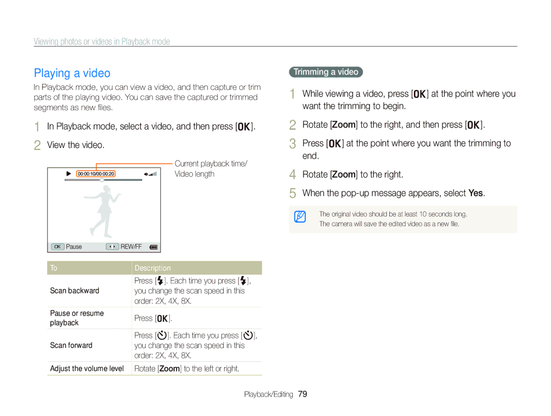 Samsung EC-WB690ZBPBE2, EC-WB690ZBPBE1 manual Playing a video, Trimming a video, Current playback time Video length 