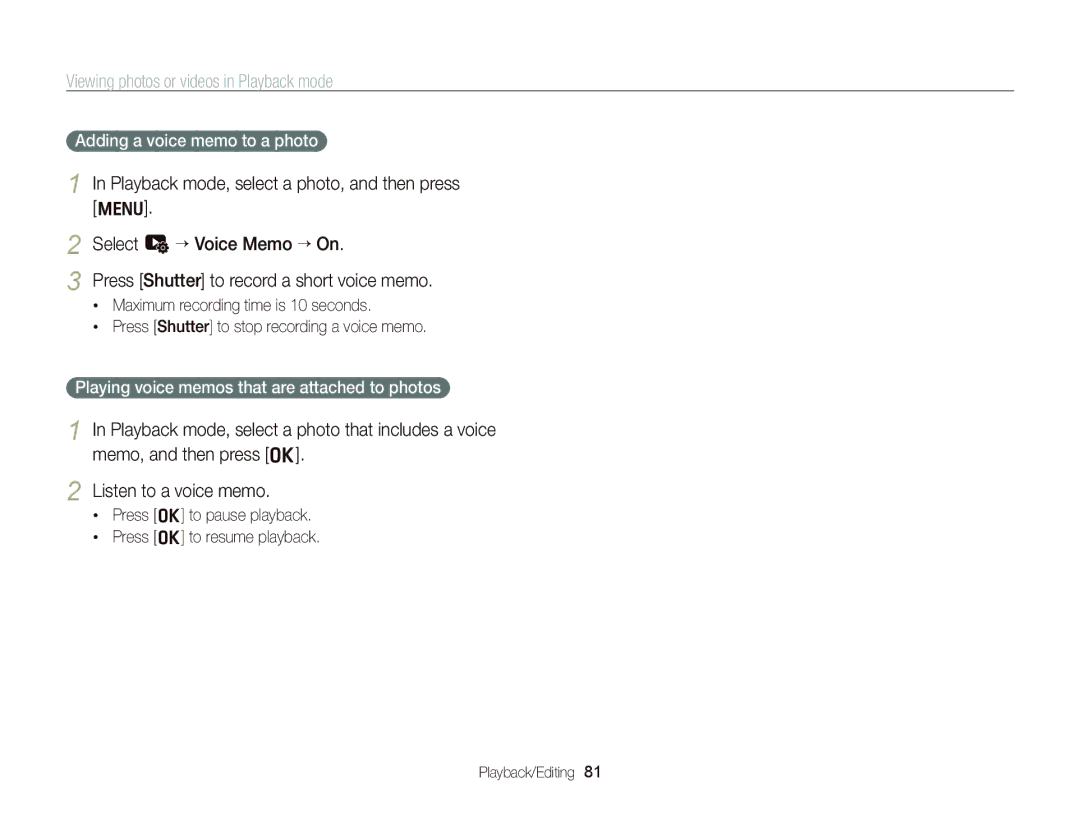 Samsung EC-WB690ZBPBRU, EC-WB690ZBPBE1 Adding a voice memo to a photo, Playing voice memos that are attached to photos 