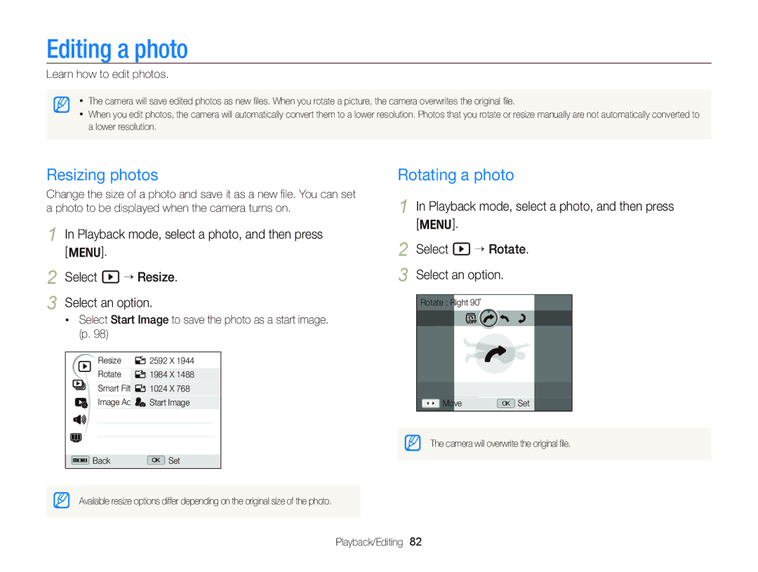 Samsung EC-WB690ZBPBE2, EC-WB690ZBPBE1 manual Editing a photo, Resizing photos, Rotating a photo, Learn how to edit photos 