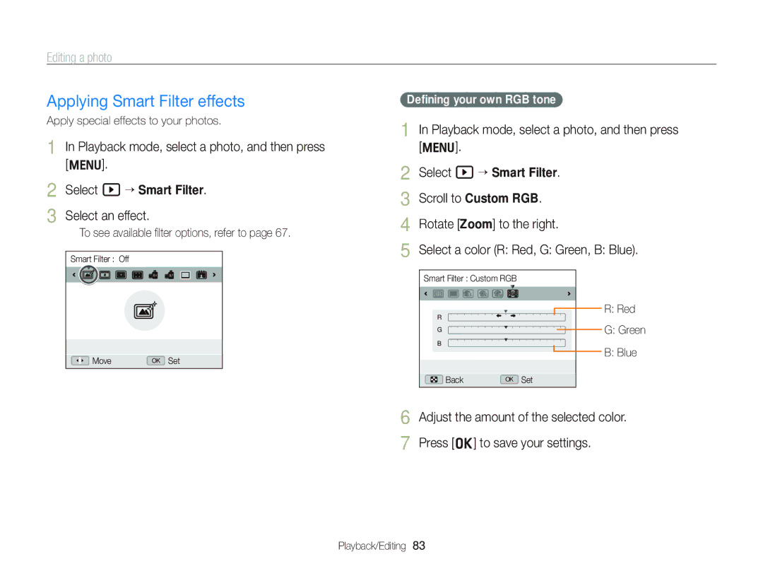 Samsung EC-WB690ZBPBE1, EC-WB690ZBPBRU, EC-WB690ZBPBE2 manual Applying Smart Filter effects, Editing a photo 