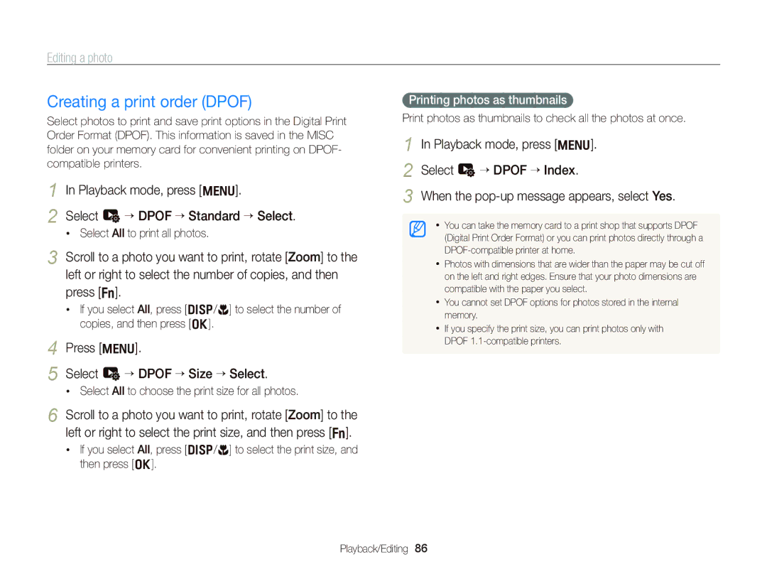 Samsung EC-WB690ZBPBE1 manual Creating a print order Dpof, Playback mode, press m Select L “ Dpof “ Standard “ Select 