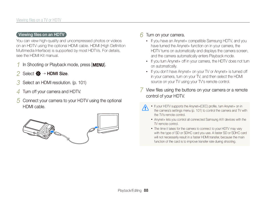 Samsung EC-WB690ZBPBE2, EC-WB690ZBPBE1, EC-WB690ZBPBRU manual Viewing ﬁles on a TV or Hdtv, Viewing ﬁles on an Hdtv 