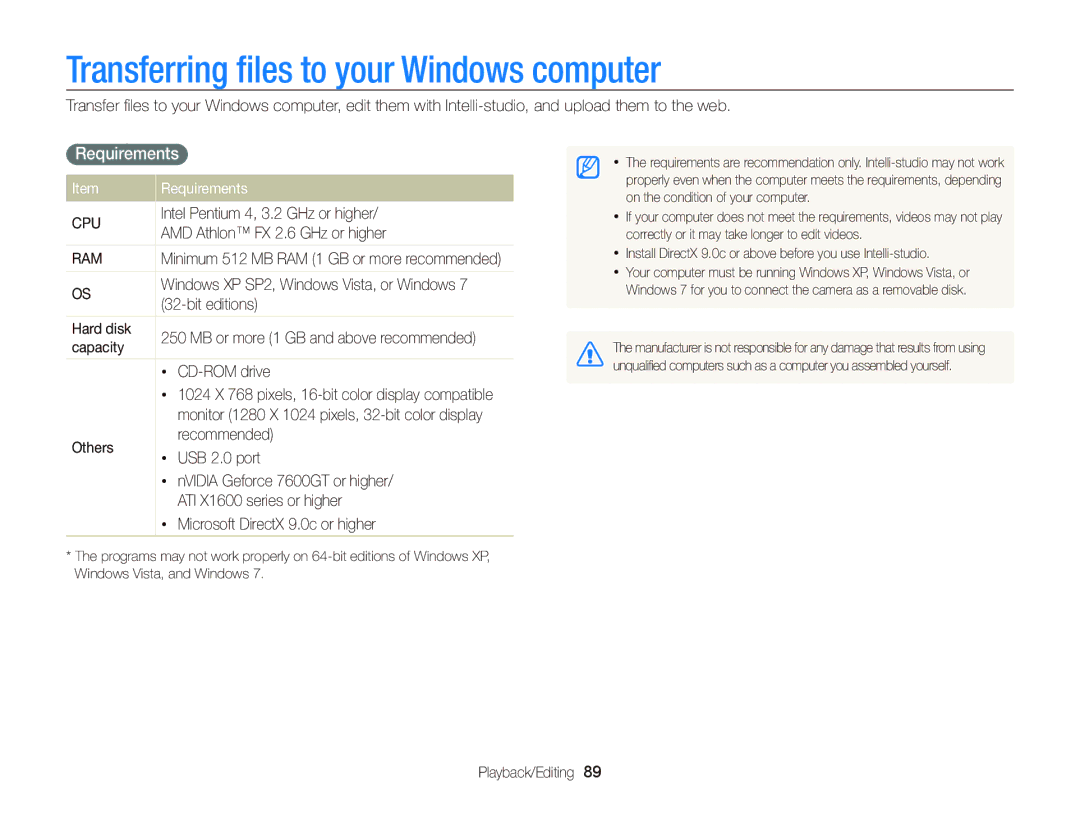 Samsung EC-WB690ZBPBE1, EC-WB690ZBPBRU, EC-WB690ZBPBE2 manual Transferring ﬁles to your Windows computer, Requirements 