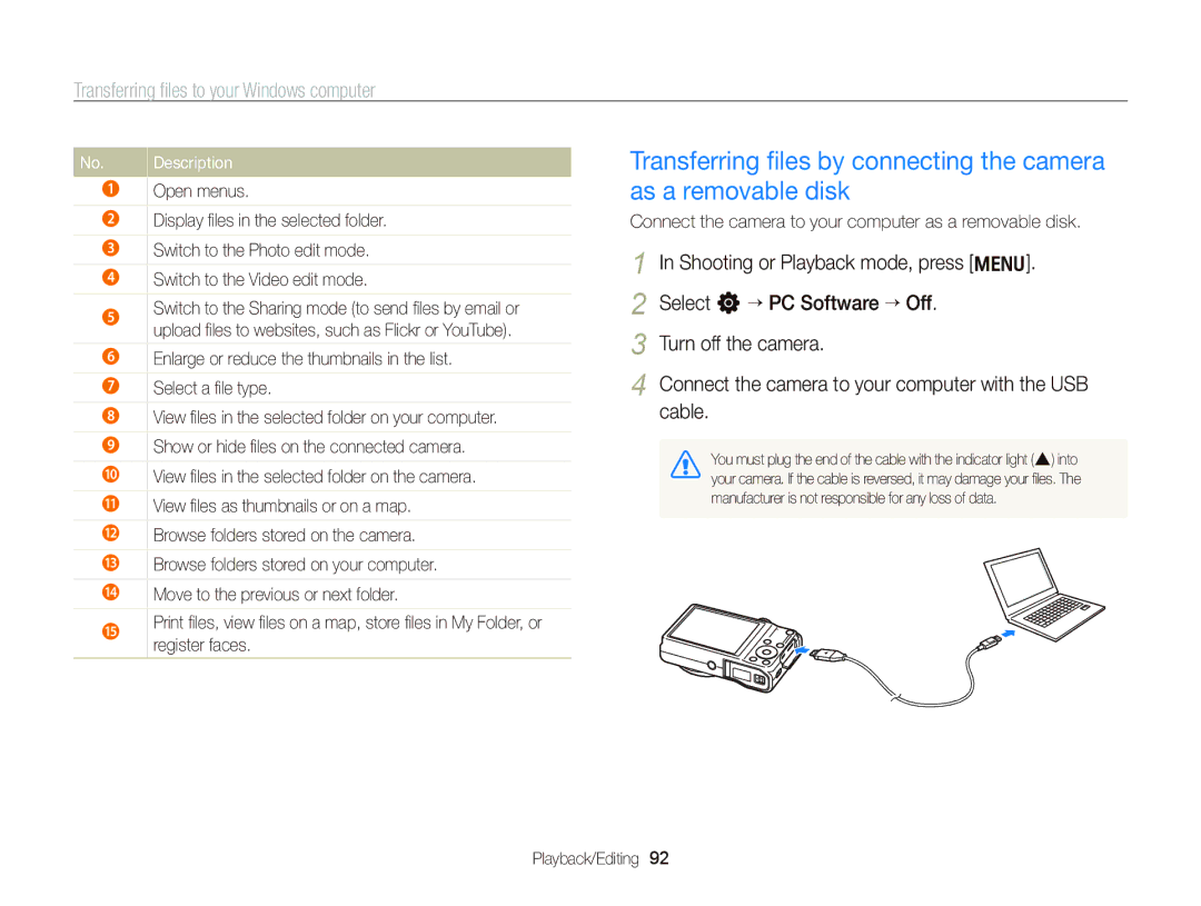 Samsung EC-WB690ZBPBE1, EC-WB690ZBPBRU, EC-WB690ZBPBE2 Open menus, Connect the camera to your computer as a removable disk 