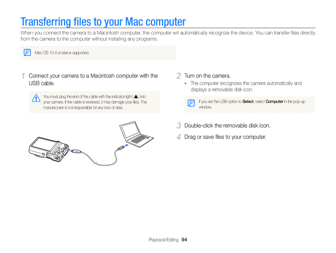 Samsung EC-WB690ZBPBE2, EC-WB690ZBPBE1, EC-WB690ZBPBRU manual Transferring ﬁles to your Mac computer 