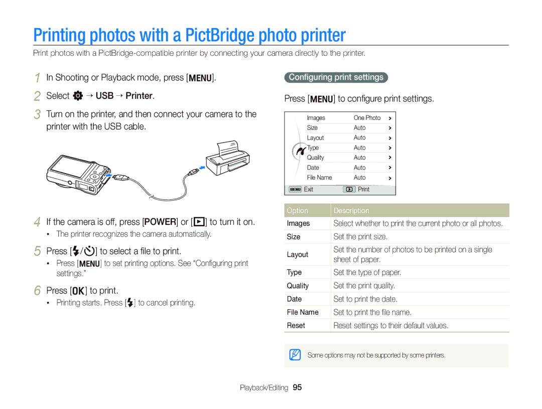 Samsung EC-WB690ZBPBE1, EC-WB690ZBPBRU, EC-WB690ZBPBE2 manual Printing photos with a PictBridge photo printer 