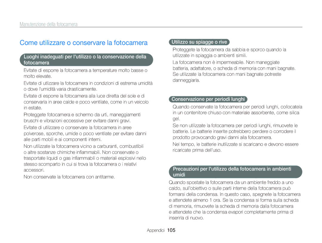 Samsung EC-WB690ZBPBE1 manual Come utilizzare o conservare la fotocamera, Manutenzione della fotocamera 