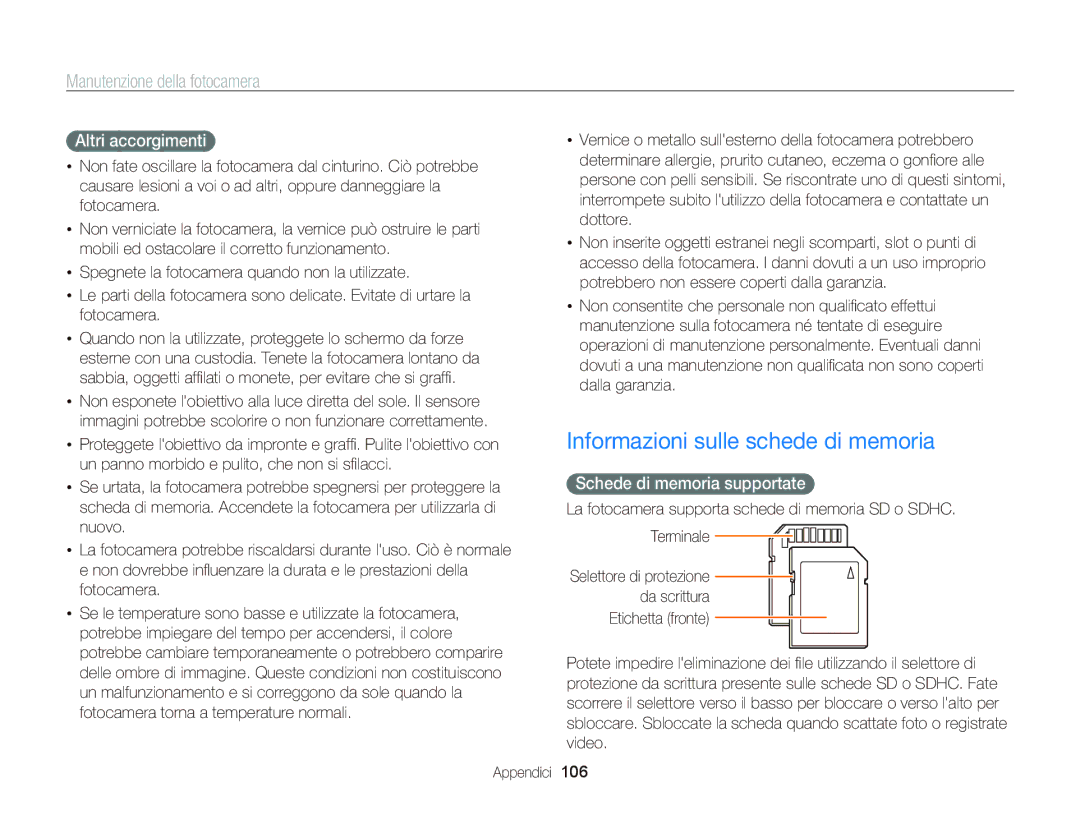 Samsung EC-WB690ZBPBE1 manual Informazioni sulle schede di memoria, Altri accorgimenti, Schede di memoria supportate 