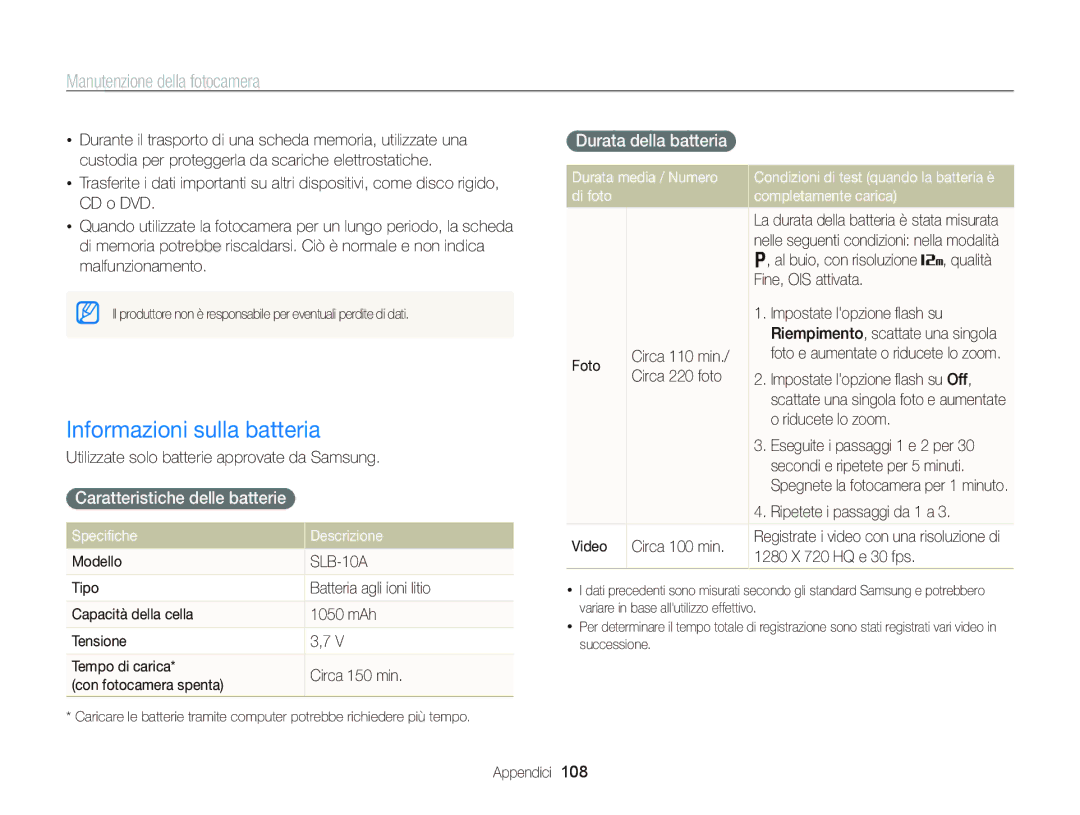 Samsung EC-WB690ZBPBE1 manual Informazioni sulla batteria, Caratteristiche delle batterie, Durata della batteria 