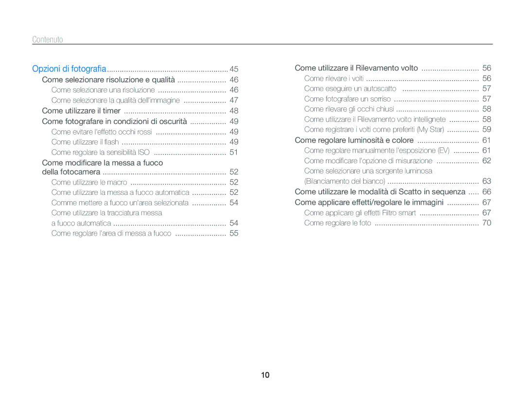 Samsung EC-WB690ZBPBE1 manual Contenuto, Come fotografare in condizioni di oscurità 