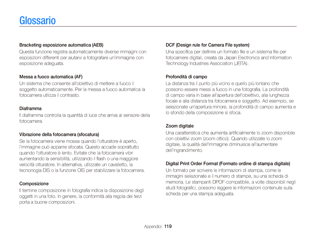 Samsung EC-WB690ZBPBE1 manual Glossario 