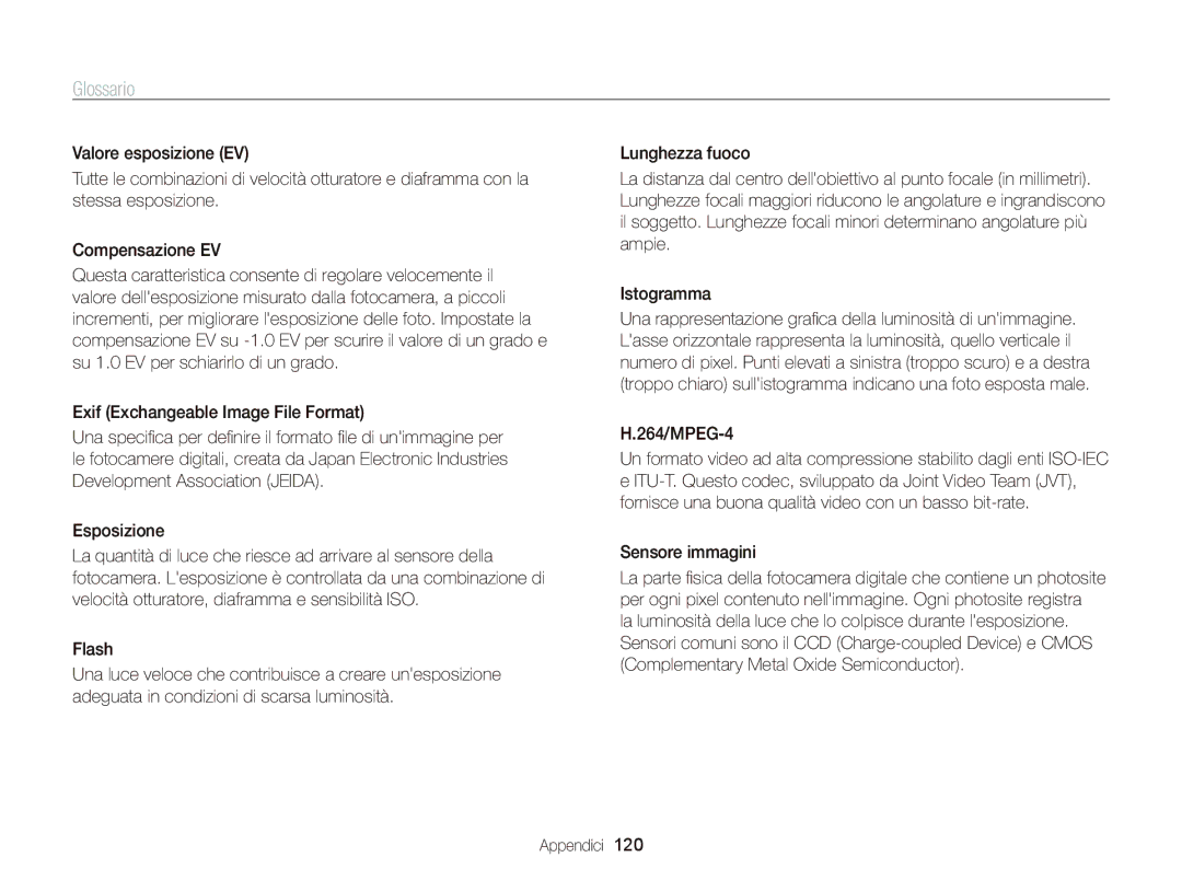 Samsung EC-WB690ZBPBE1 manual Glossario, 264/MPEG-4, Sensore immagini 