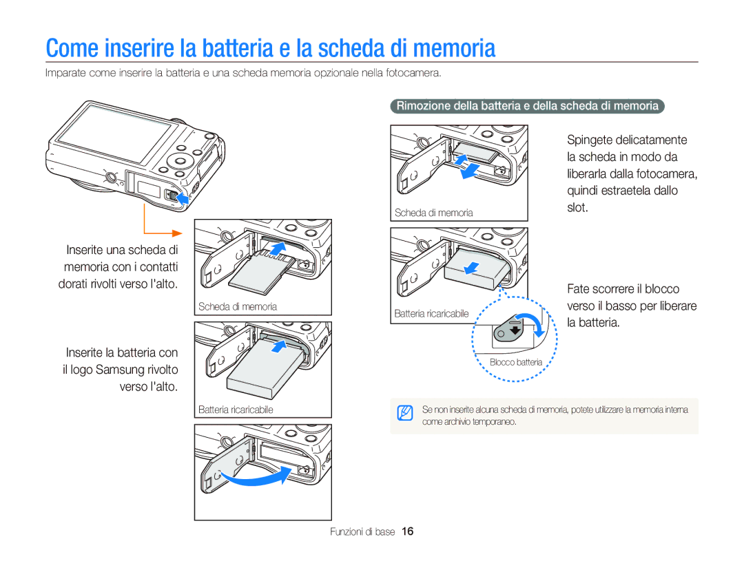 Samsung EC-WB690ZBPBE1 manual Come inserire la batteria e la scheda di memoria 