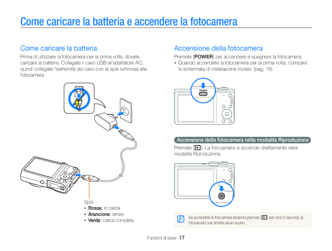 Samsung EC-WB690ZBPBE1 manual Come caricare la batteria e accendere la fotocamera, Accensione della fotocamera 