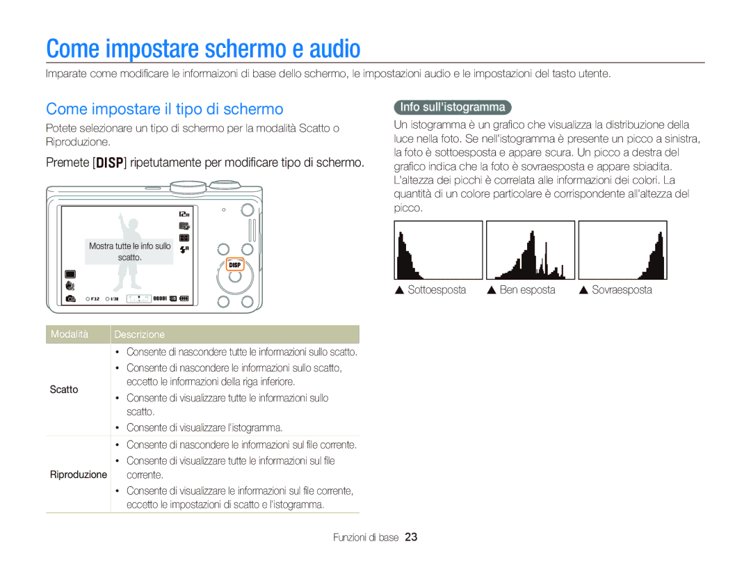 Samsung EC-WB690ZBPBE1 manual Come impostare schermo e audio, Come impostare il tipo di schermo, Info sullistogramma 