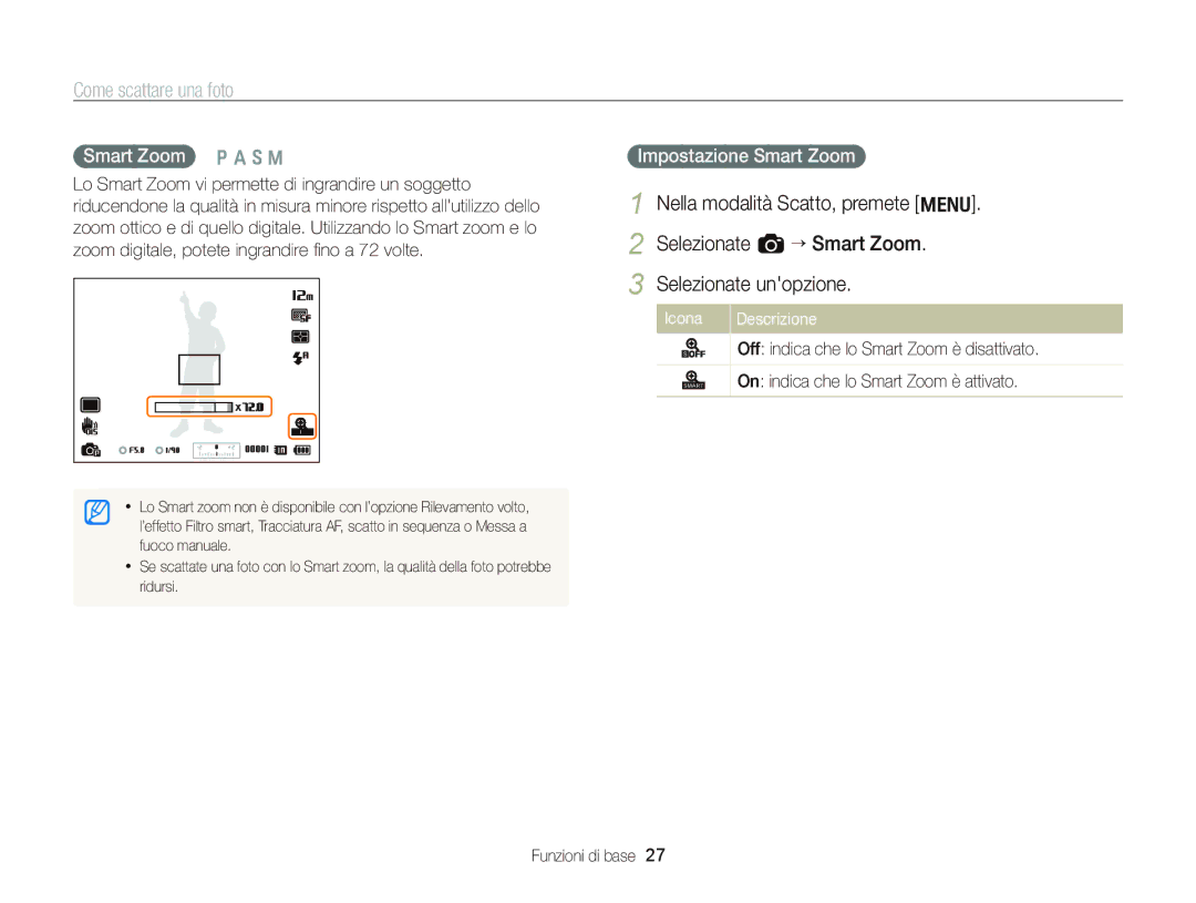 Samsung EC-WB690ZBPBE1 manual Nella modalità Scatto, premete m Selezionate a “ Smart Zoom, Smart Zoom Ò a h M 