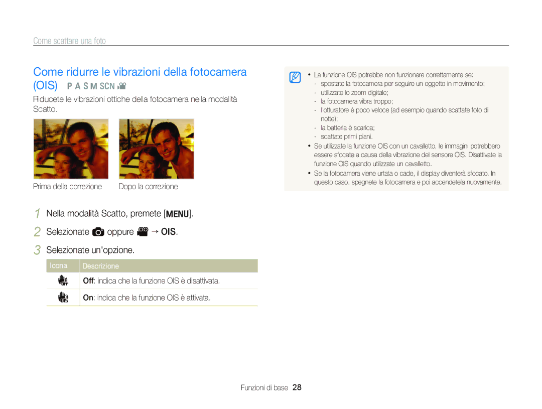 Samsung EC-WB690ZBPBE1 manual Come ridurre le vibrazioni della fotocamera OIS 