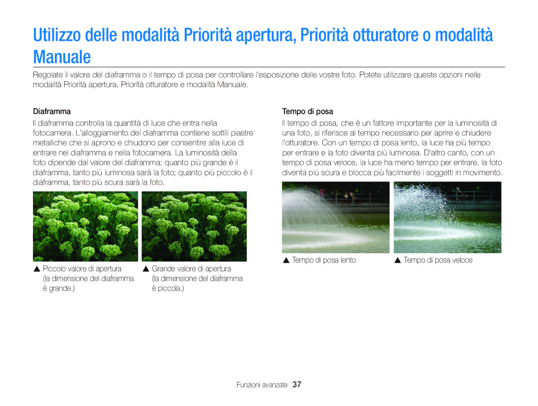 Samsung EC-WB690ZBPBE1 manual Tempo di posa lento, Piccolo valore di apertura, Grande Piccola Funzioni avanzate 