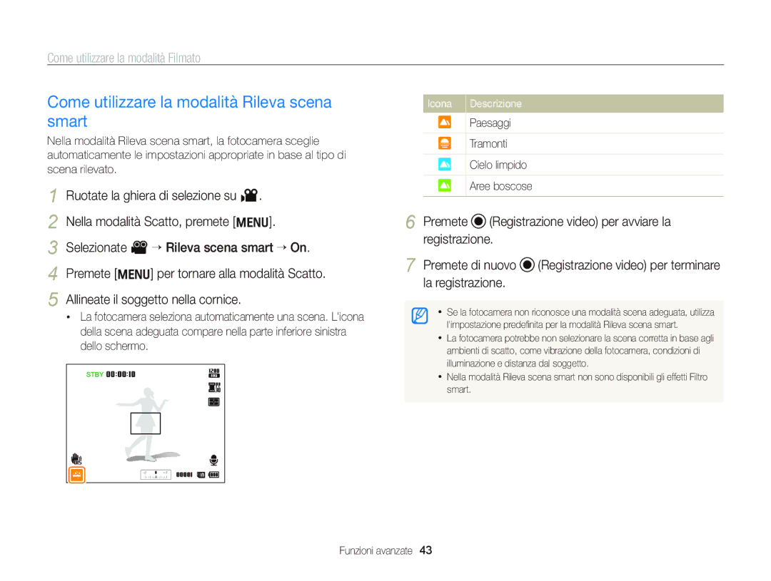 Samsung EC-WB690ZBPBE1 manual Come utilizzare la modalità Rileva scena smart, Paesaggi Tramonti Cielo limpido Aree boscose 