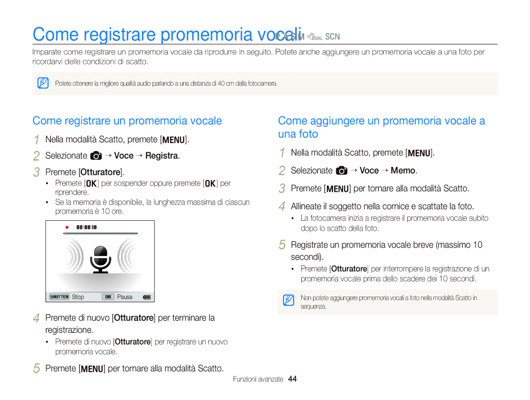 Samsung EC-WB690ZBPBE1 Come registrare promemoria vocali Ò a h M d s, Come registrare un promemoria vocale, Registrazione 