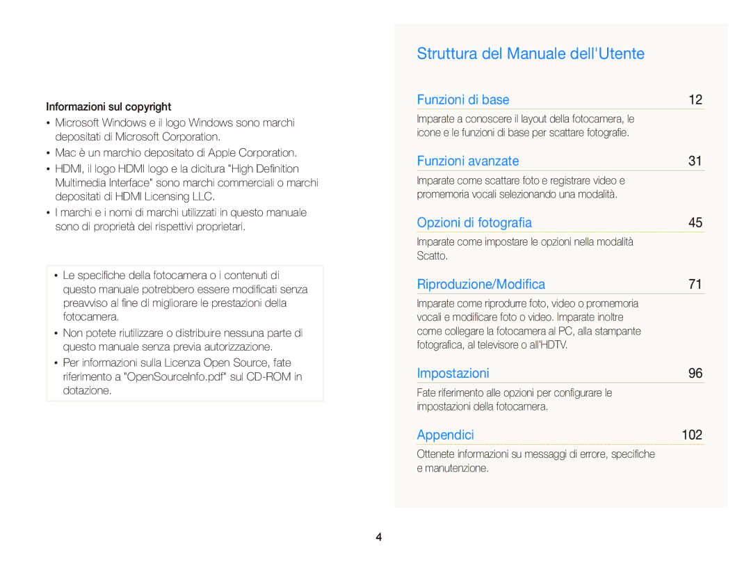 Samsung EC-WB690ZBPBE1 manual Struttura del Manuale dellUtente, 102 