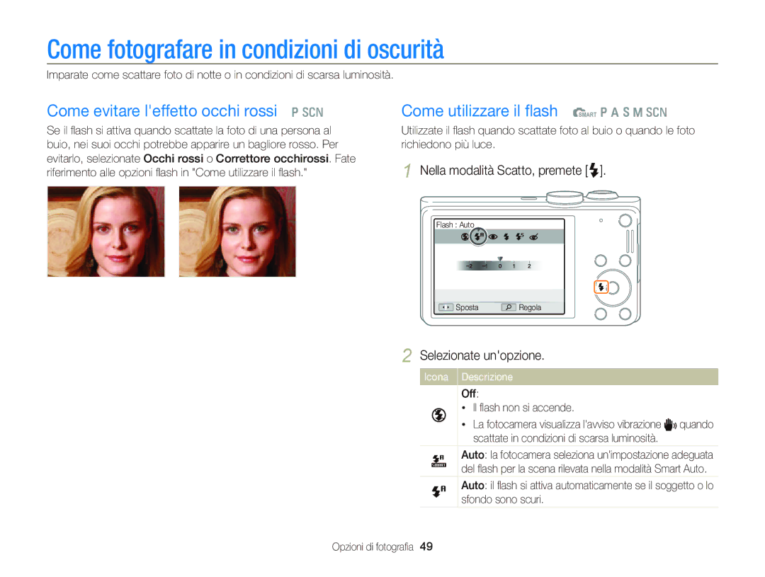 Samsung EC-WB690ZBPBE1 manual Come fotografare in condizioni di oscurità, Come evitare leffetto occhi rossi Ò s 