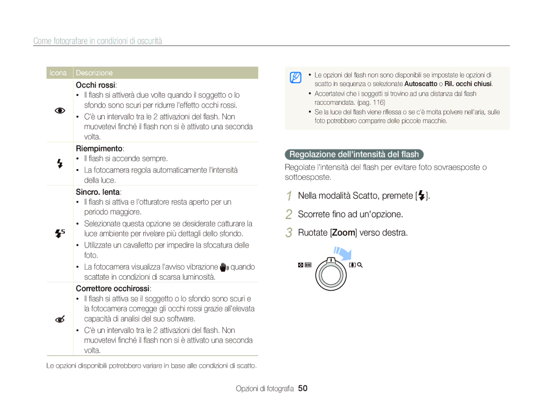 Samsung EC-WB690ZBPBE1 manual Come fotografare in condizioni di oscurità, Regolazione dellintensità del ﬂash, Occhi rossi 