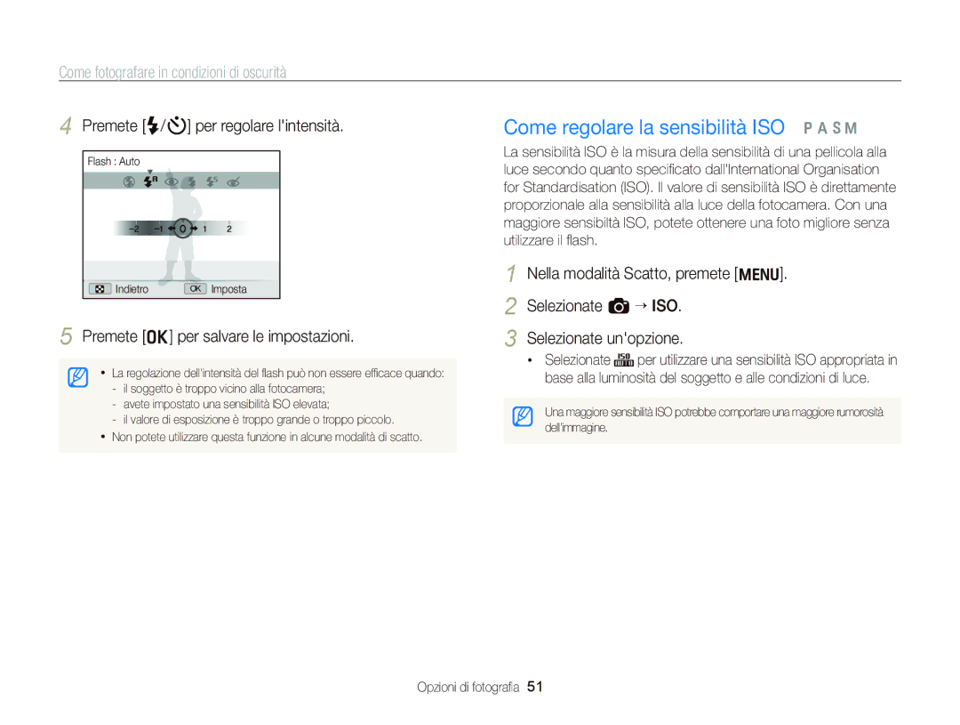 Samsung EC-WB690ZBPBE1 Come regolare la sensibilità ISO Ò a h M, Premete F/t per regolare lintensità, Utilizzare il ﬂash 