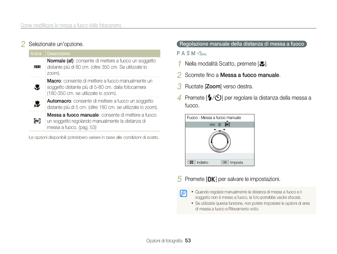 Samsung EC-WB690ZBPBE1 manual Come modiﬁcare la messa a fuoco della fotocamera 