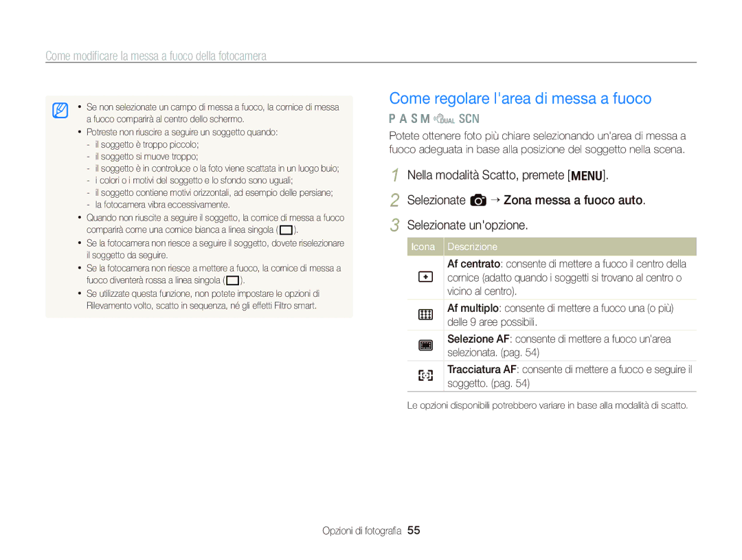 Samsung EC-WB690ZBPBE1 manual Come modiﬁcare la messa a fuoco della fotocamera 