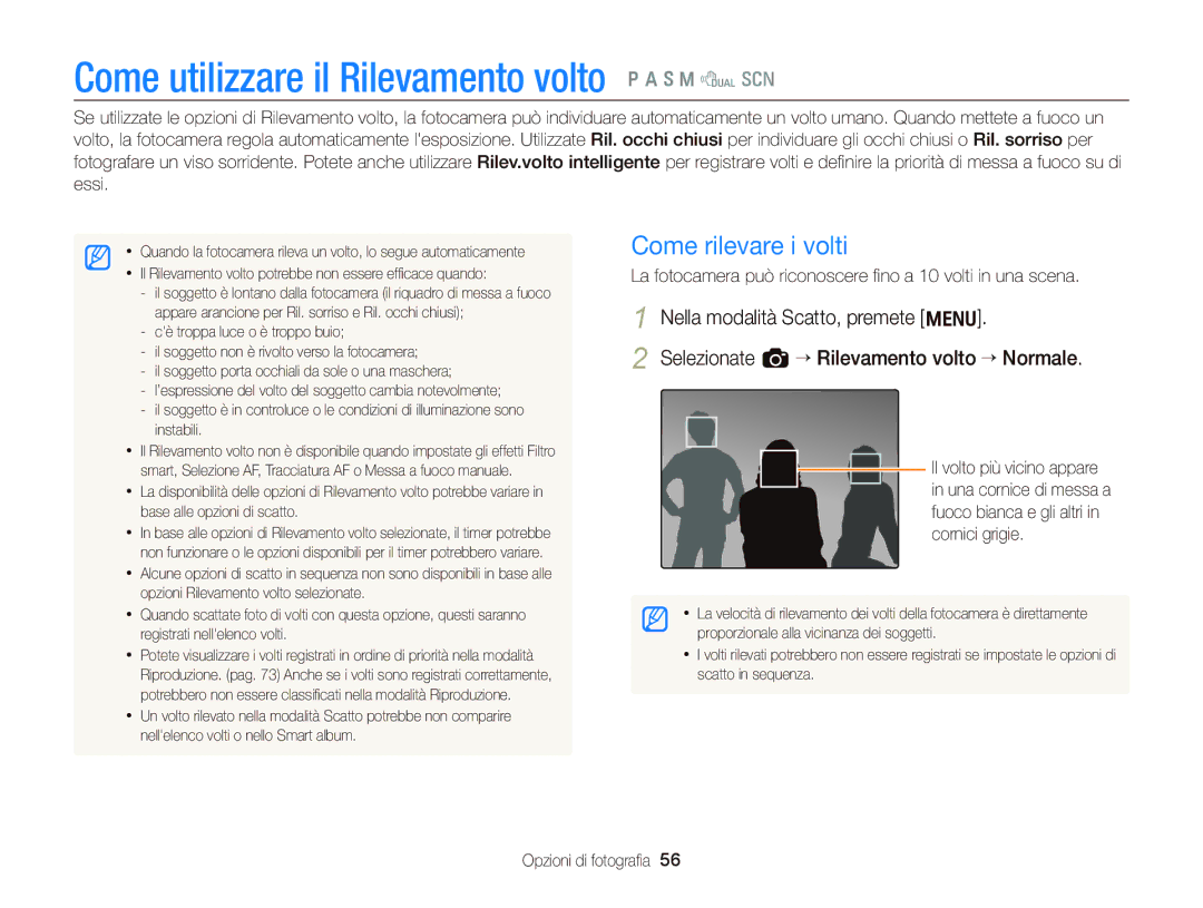 Samsung EC-WB690ZBPBE1 manual Come utilizzare il Rilevamento volto Ò a h M d s, Come rilevare i volti 