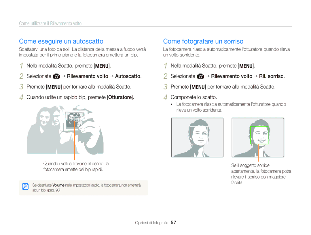 Samsung EC-WB690ZBPBE1 Come eseguire un autoscatto, Come fotografare un sorriso, Come utilizzare il Rilevamento volto 