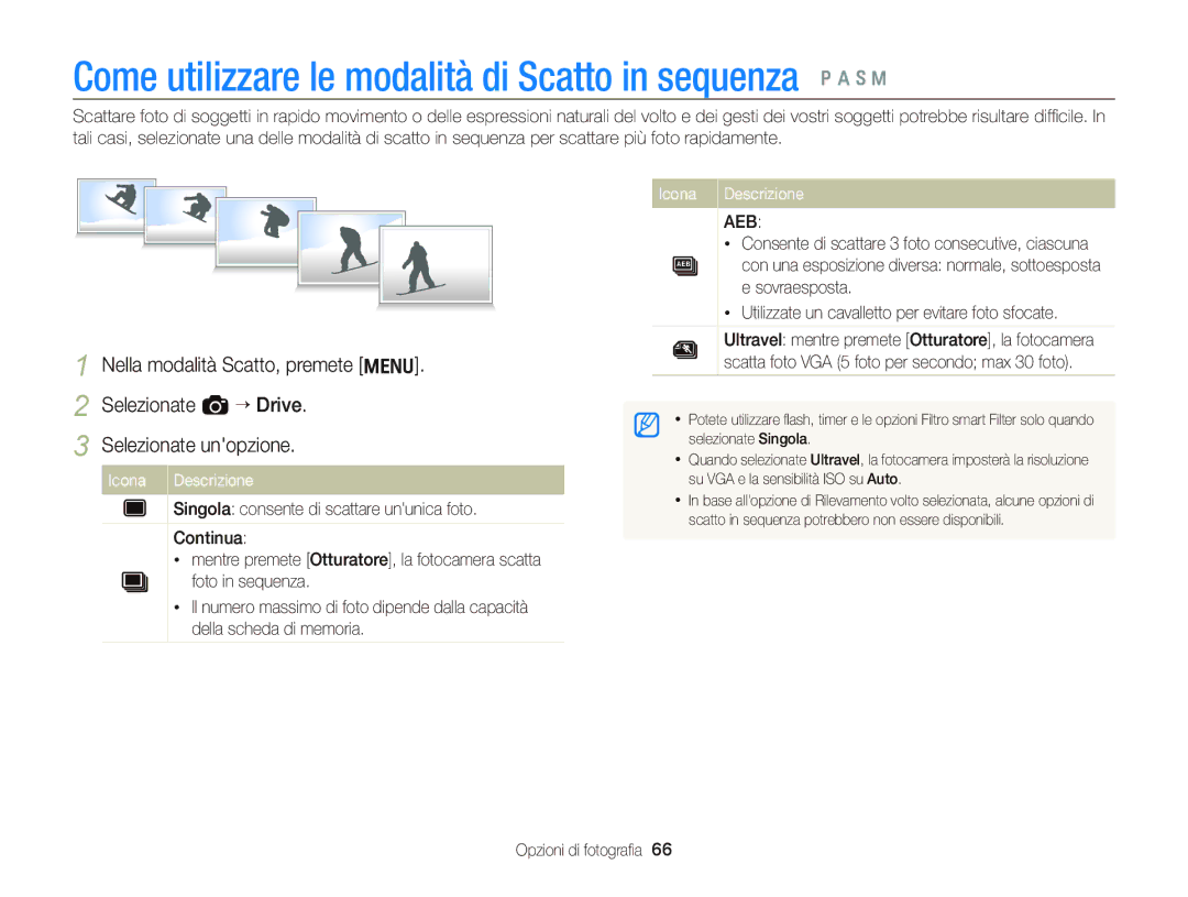 Samsung EC-WB690ZBPBE1 manual Come utilizzare le modalità di Scatto in sequenza Ò a h M, Icona Descrizione 