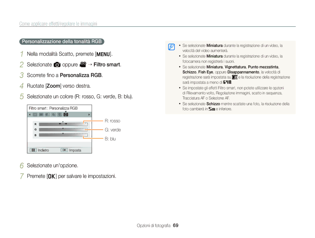 Samsung EC-WB690ZBPBE1 manual Personalizzazione della tonalità RGB, Rosso, Verde Blu, Premete o per salvare le impostazioni 