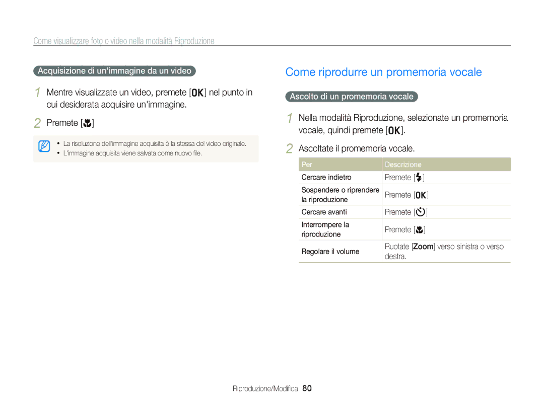 Samsung EC-WB690ZBPBE1 manual Come riprodurre un promemoria vocale, Premete c, Acquisizione di unimmagine da un video 