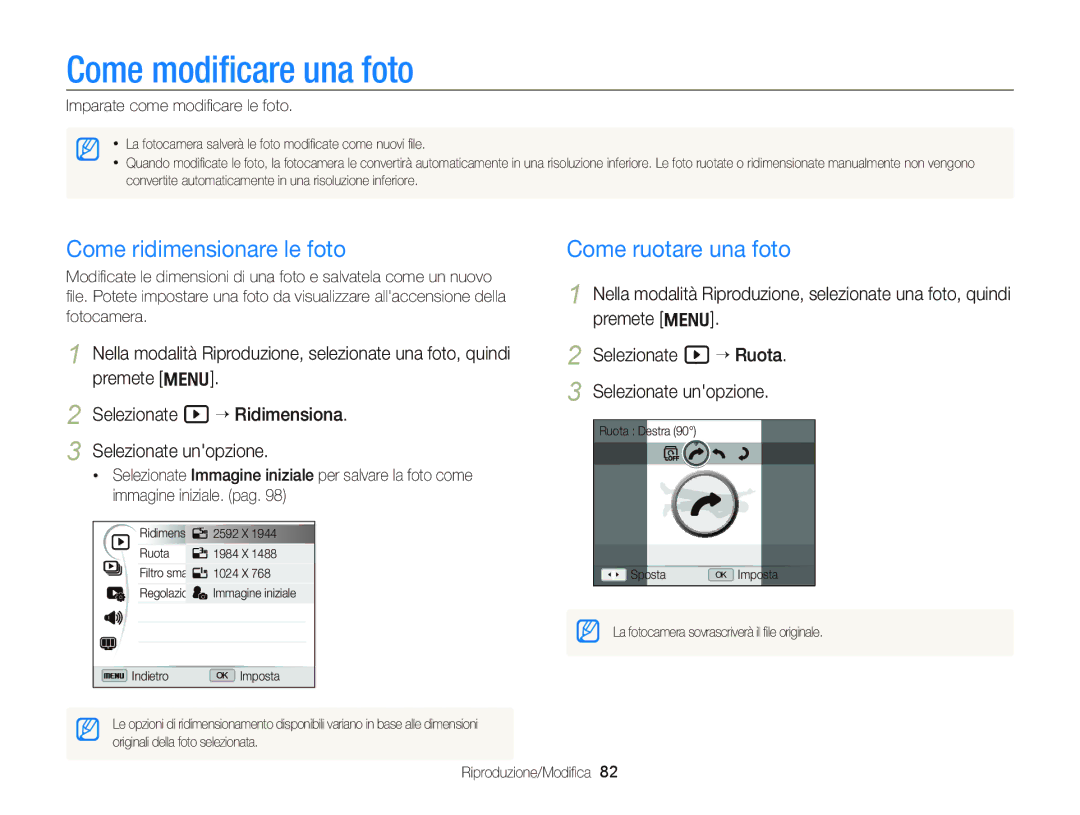 Samsung EC-WB690ZBPBE1 manual Come modiﬁcare una foto, Come ridimensionare le foto, Come ruotare una foto 