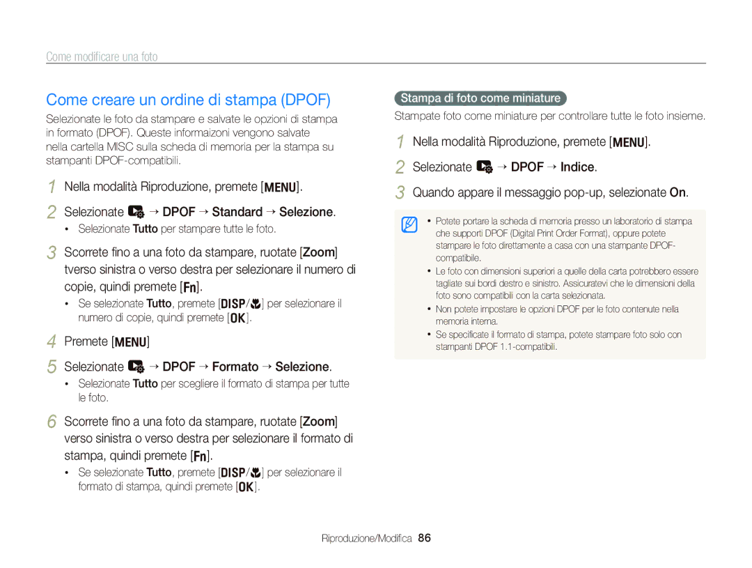 Samsung EC-WB690ZBPBE1 manual Come creare un ordine di stampa Dpof, Premete m Selezionate L “ Dpof “ Formato “ Selezione 