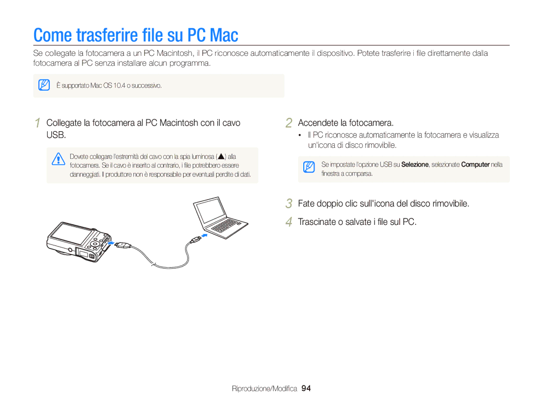 Samsung EC-WB690ZBPBE1 manual Come trasferire ﬁle su PC Mac, Collegate la fotocamera al PC Macintosh con il cavo USB 