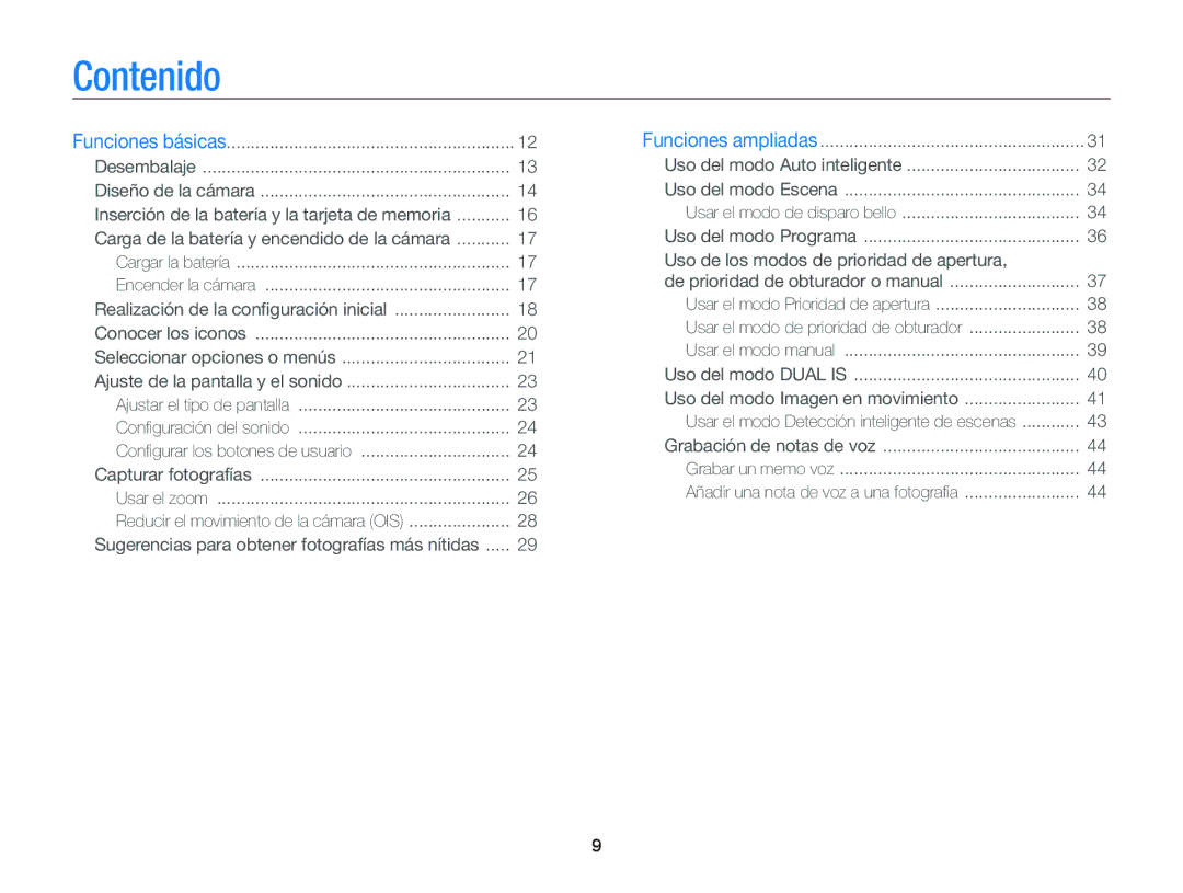 Samsung EC-WB690ZBPBE1 manual Contenido, Carga de la batería y encendido de la cámara 