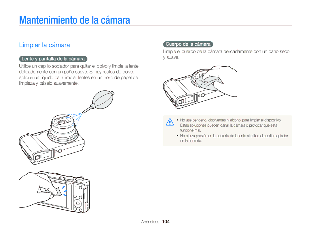 Samsung EC-WB690ZBPBE1 Mantenimiento de la cámara, Limpiar la cámara, Lente y pantalla de la cámara, Cuerpo de la cámara 