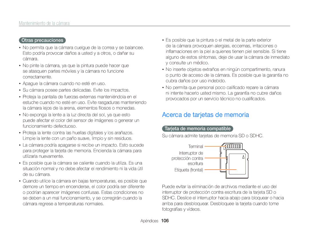 Samsung EC-WB690ZBPBE1 manual Acerca de tarjetas de memoria, Otras precauciones, Tarjeta de memoria compatible 