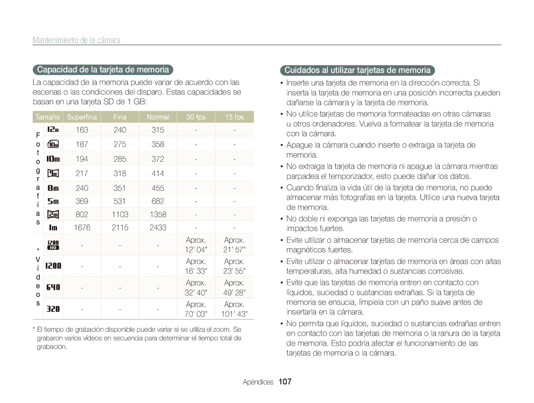 Samsung EC-WB690ZBPBE1 manual Capacidad de la tarjeta de memoria, Cuidados al utilizar tarjetas de memoria 