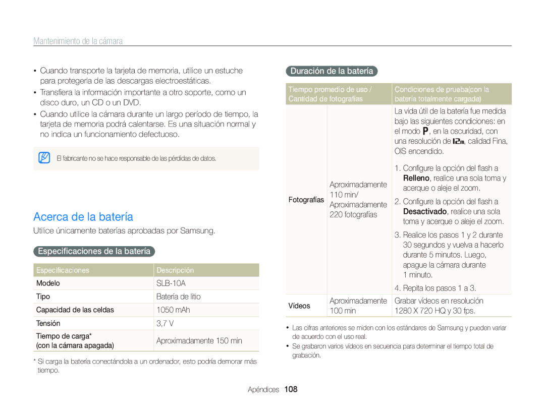 Samsung EC-WB690ZBPBE1 manual Acerca de la batería, Especiﬁcaciones de la batería, Duración de la batería 