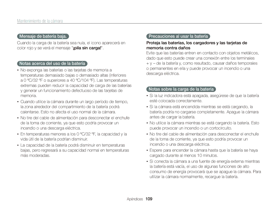 Samsung EC-WB690ZBPBE1 manual Mensaje de batería baja, Notas acerca del uso de la batería, Precauciones al usar la batería 