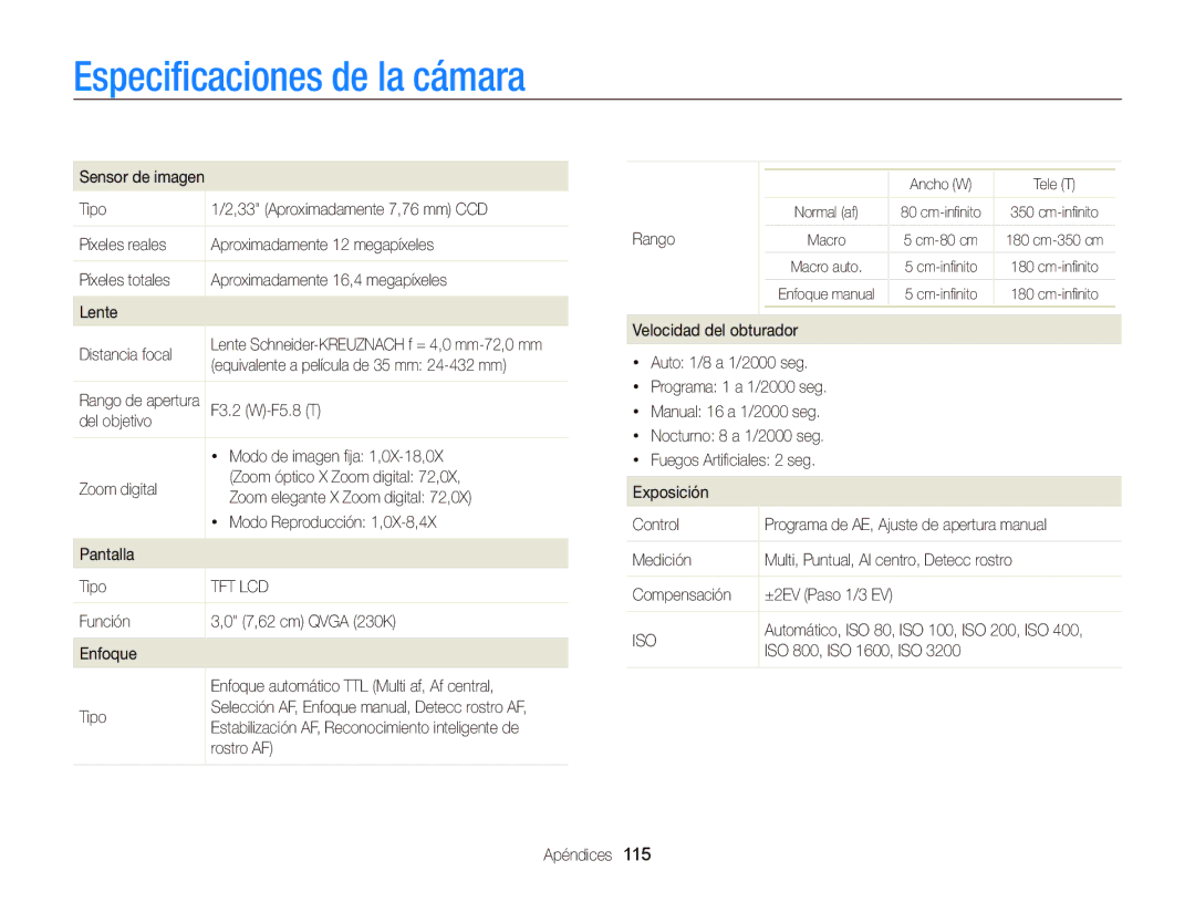 Samsung EC-WB690ZBPBE1 manual Especiﬁcaciones de la cámara 