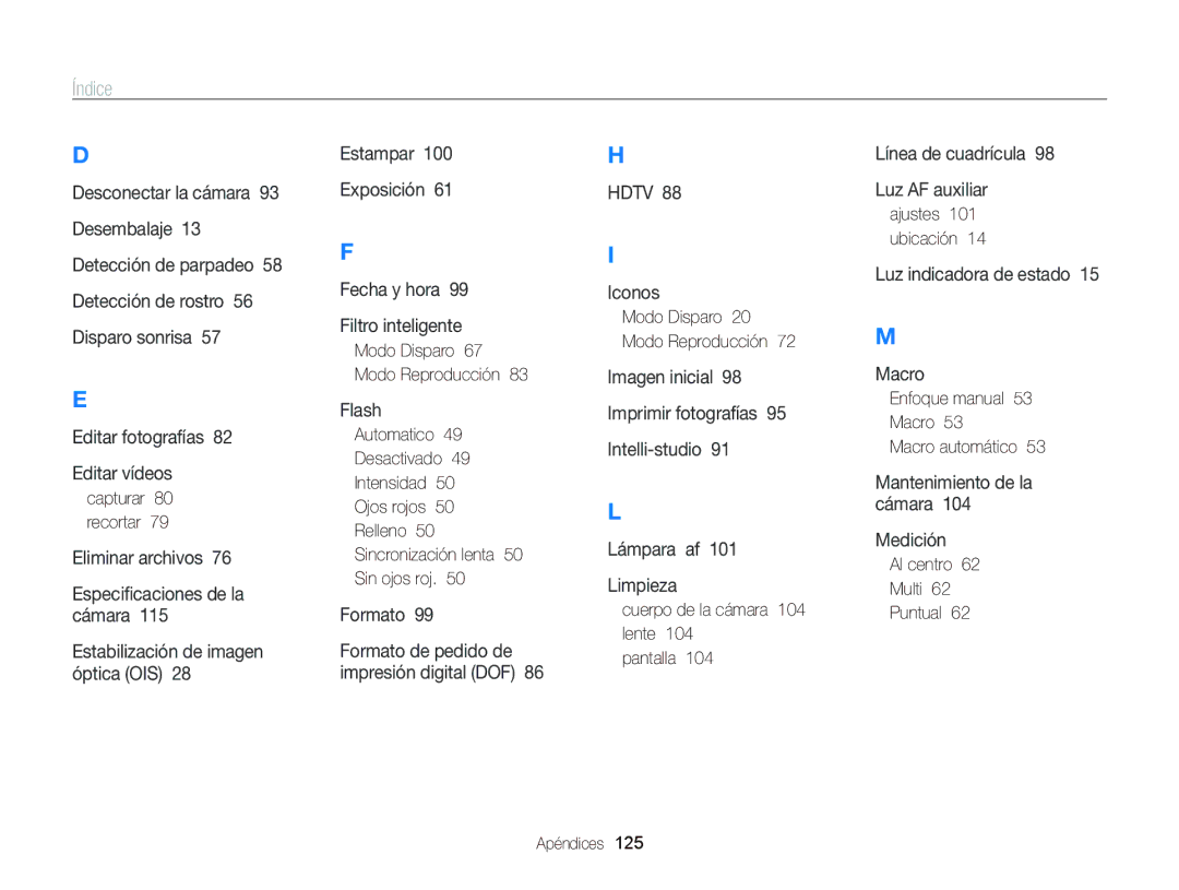 Samsung EC-WB690ZBPBE1 manual Índice 