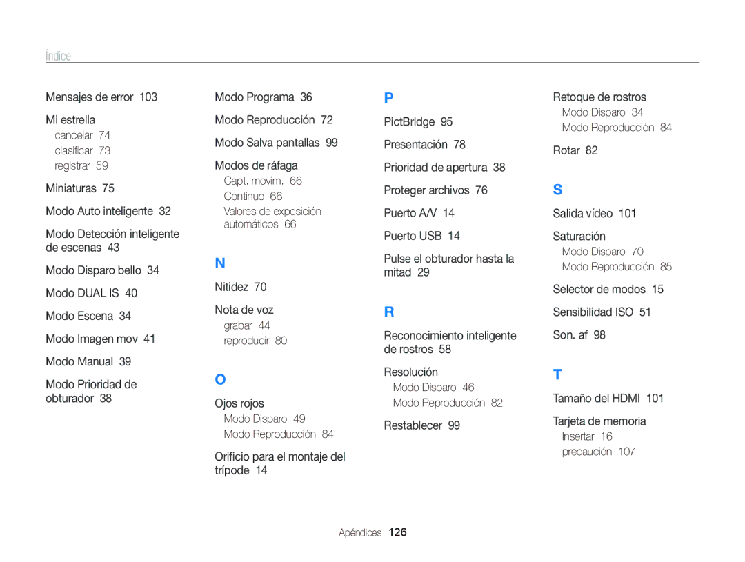 Samsung EC-WB690ZBPBE1 manual Cancelar 74 clasiﬁcar 73 registrar, Capt. movim Continuo 66 Valores de exposición automáticos 