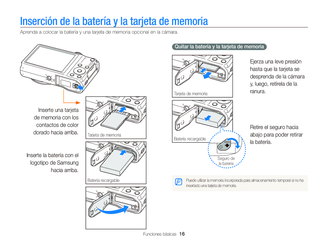 Samsung EC-WB690ZBPBE1 manual Inserción de la batería y la tarjeta de memoria, Quitar la batería y la tarjeta de memoria 